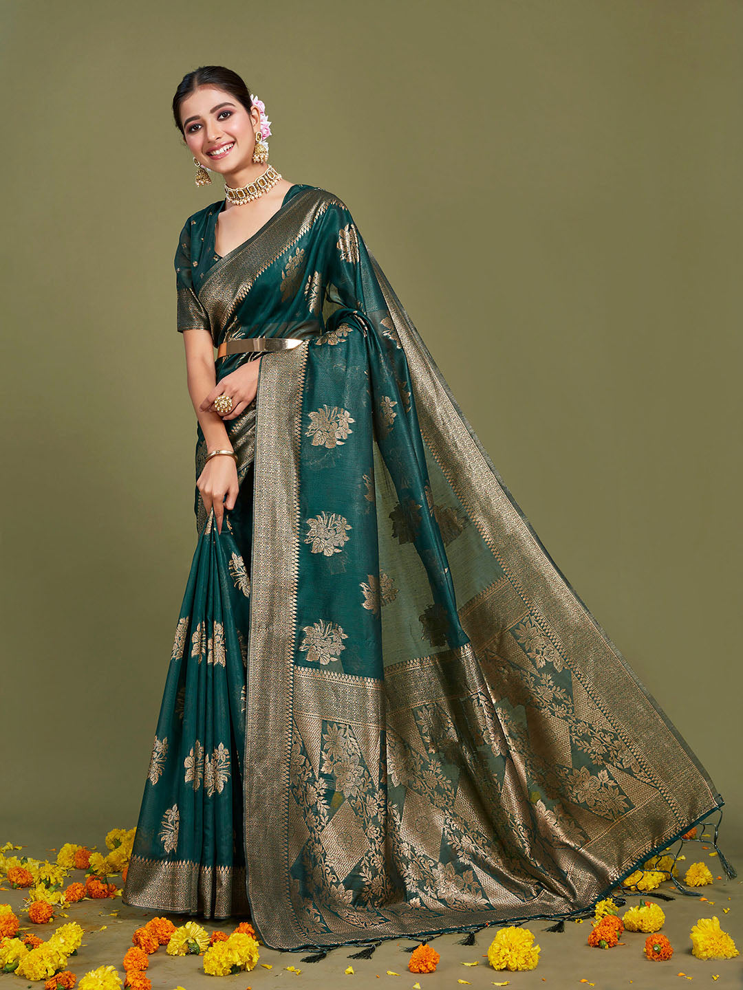 Sangria Ethnic Motifs Woven Design Linen Blend Saree - Distacart