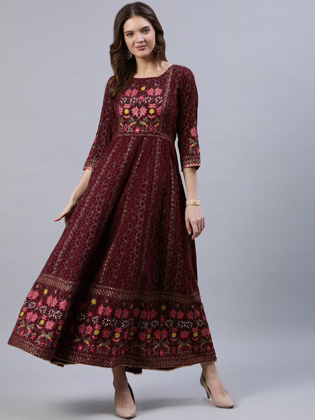 Jaipur Kurti Women Burgundy & Gold-Toned Floral Printed Anarkali Kurta - Distacart