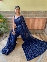 Thumbnail for Mitera Navy Blue Embellished Sequinned Pure Georgette Saree - Distacart