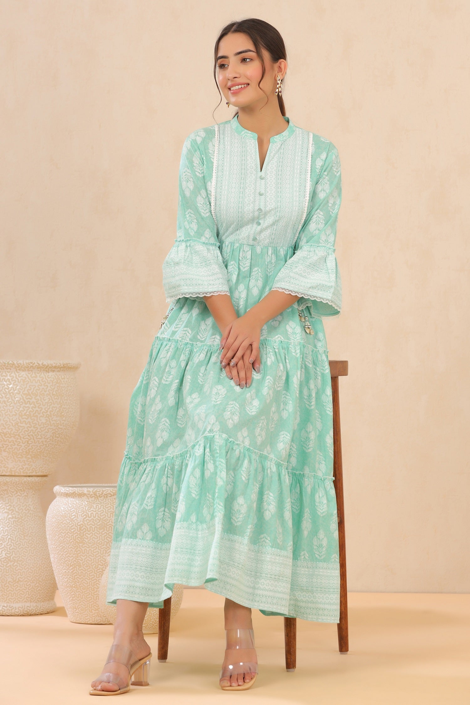 Juniper Womens Mint Cambric Printed Tiered Dress With Flared Sleeve - Distacart