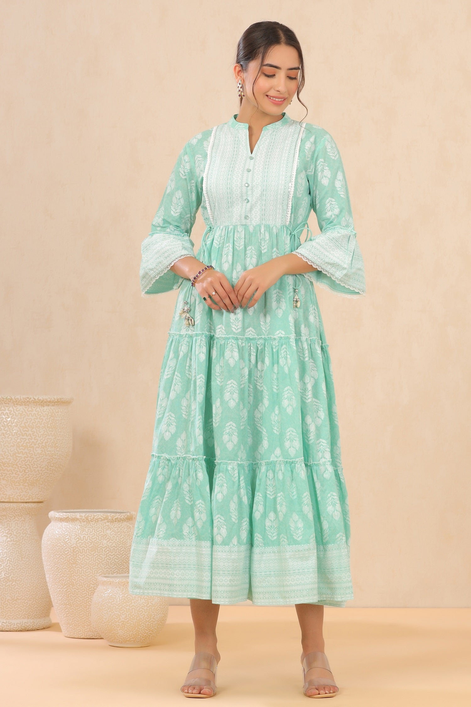 Juniper Womens Mint Cambric Printed Tiered Dress With Flared Sleeve - Distacart