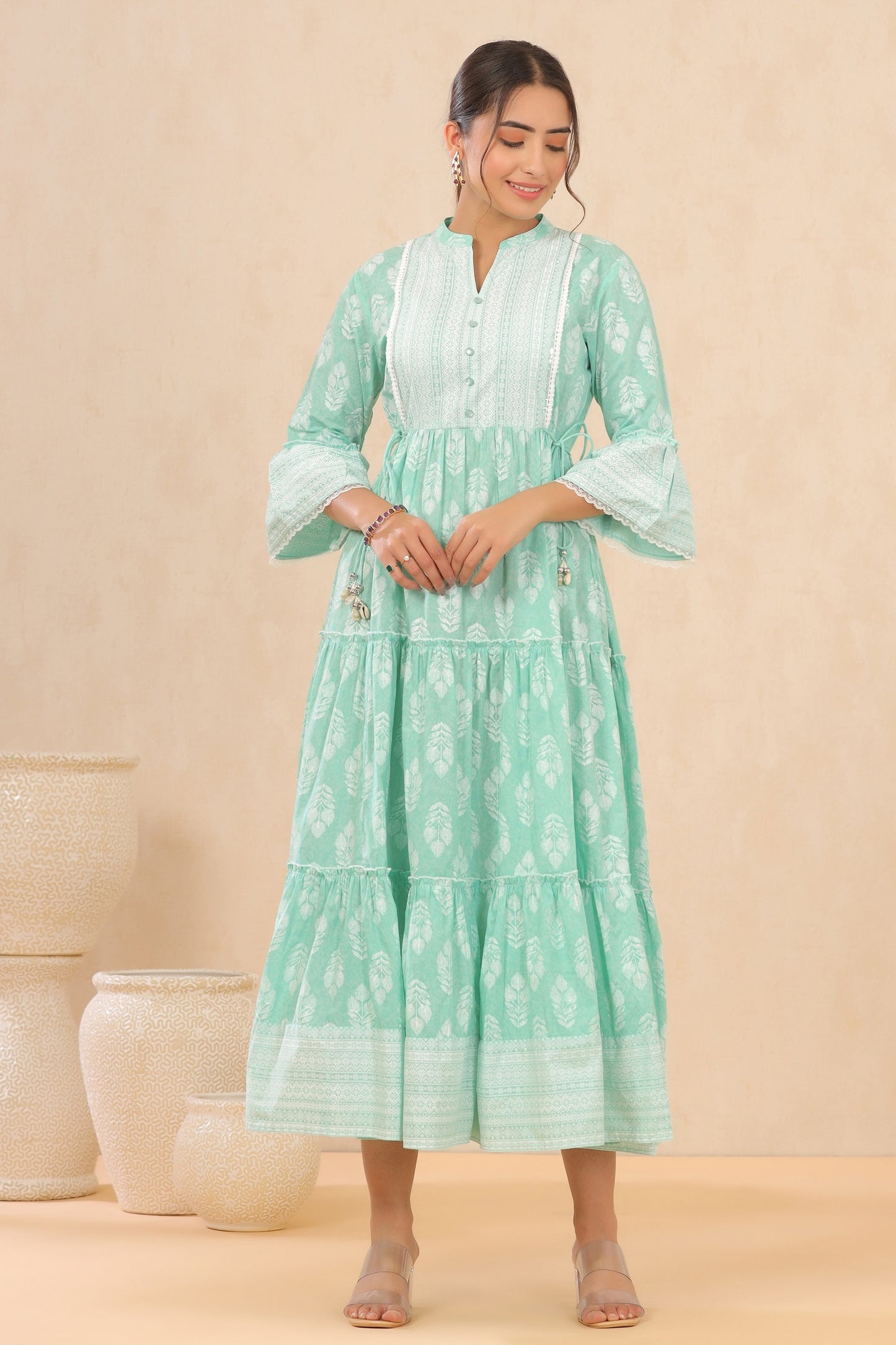 Juniper Womens Mint Cambric Printed Tiered Dress With Flared Sleeve - Distacart