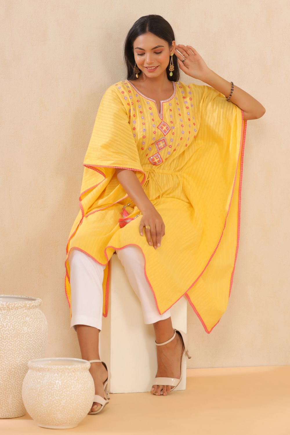 Juniper Womens Yellow Cotton Dobby Embroiderd Kaftan Kurta - Distacart