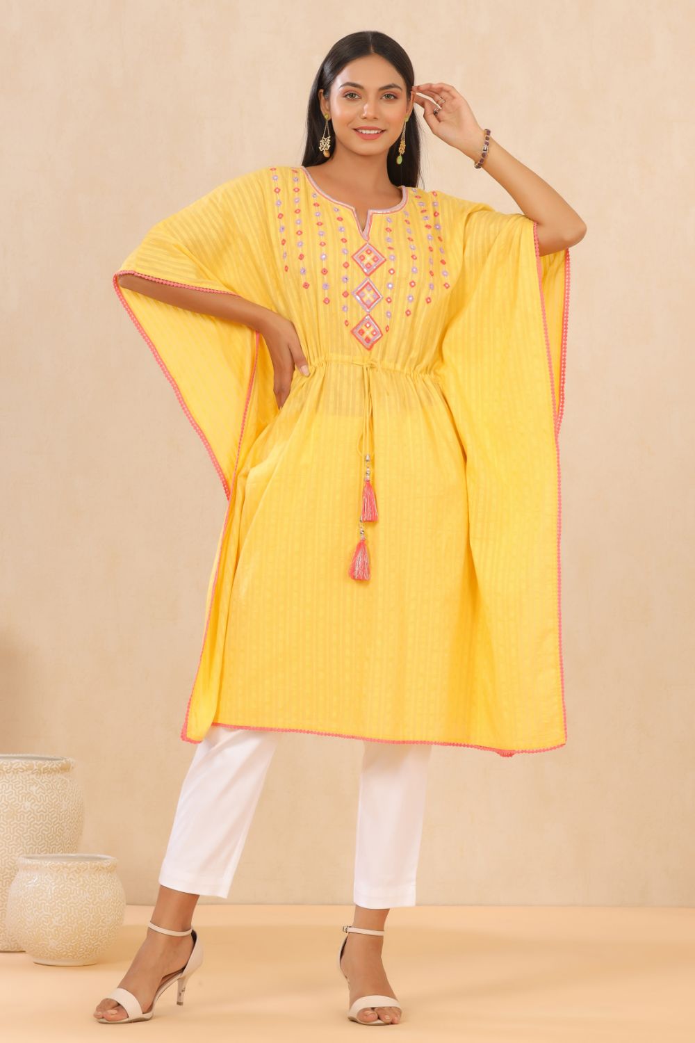 Juniper Womens Yellow Cotton Dobby Embroiderd Kaftan Kurta - Distacart