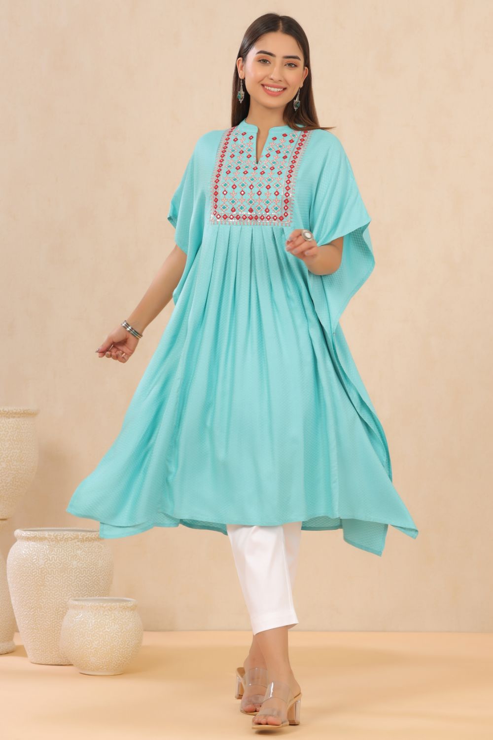 Juniper Womens Skyblue Embroiderd Rayon Dobby Kaftan - Distacart