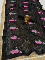 Thumbnail for Mitera Black & Pink Floral Embroidered Sequinned Saree - Distacart