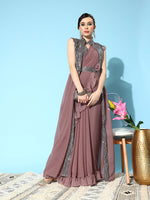Thumbnail for Mitera Mauve Sequinned Pure Georgette Ready to Wear Saree With Shrug - Distacart