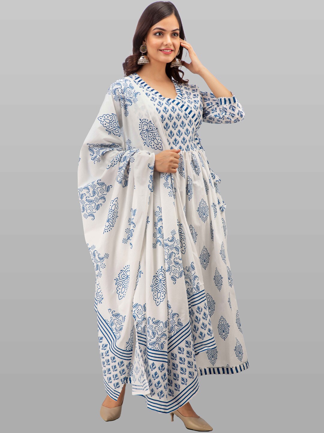 Kalini Women White Floral Printed Pure Cotton Kurta with Trousers & With Dupatta - Distacart