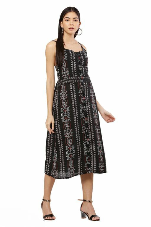 PAVONINE Black Color Printed Shoulder Strap Dress For Women - Distacart
