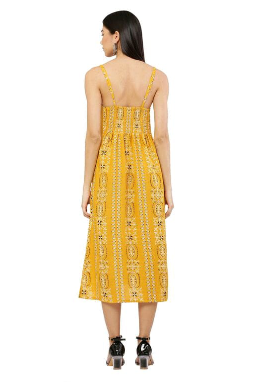 PAVONINE Mustard Color Printed Shoulder Strap Dress For Women - Distacart