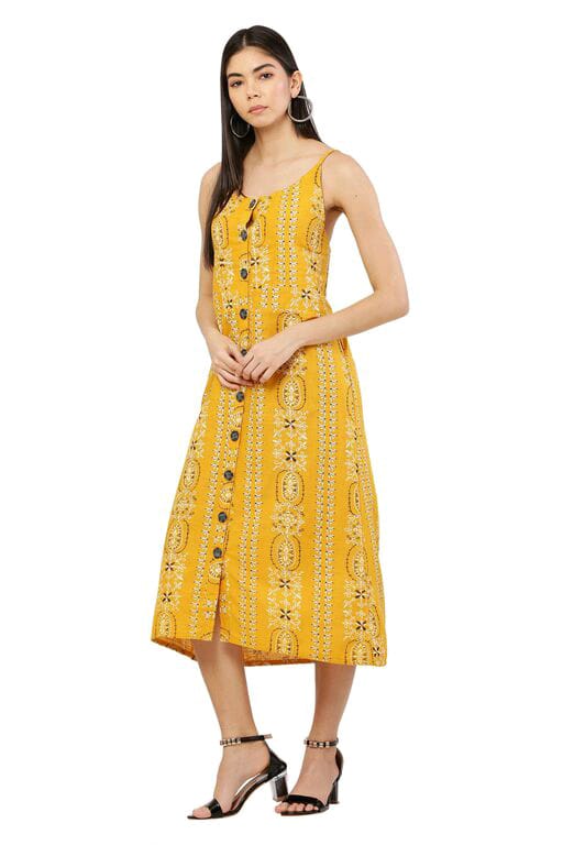 PAVONINE Mustard Color Printed Shoulder Strap Dress For Women - Distacart