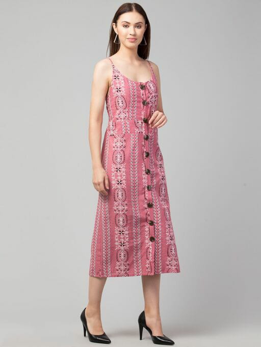 PAVONINE Peach Color Printed Shoulder Strap Dress For Women - Distacart
