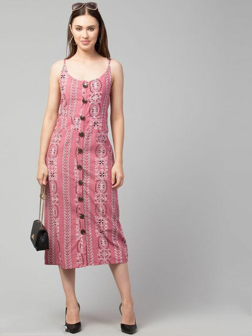 PAVONINE Peach Color Printed Shoulder Strap Dress For Women - Distacart