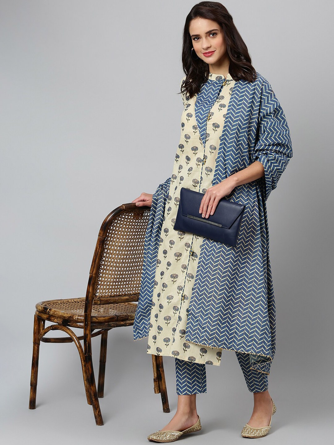 Khushal K Women Beige Floral Printed Regular Gotta Patti Pure Cotton Kurta with Trousers & With Dupatta - Distacart