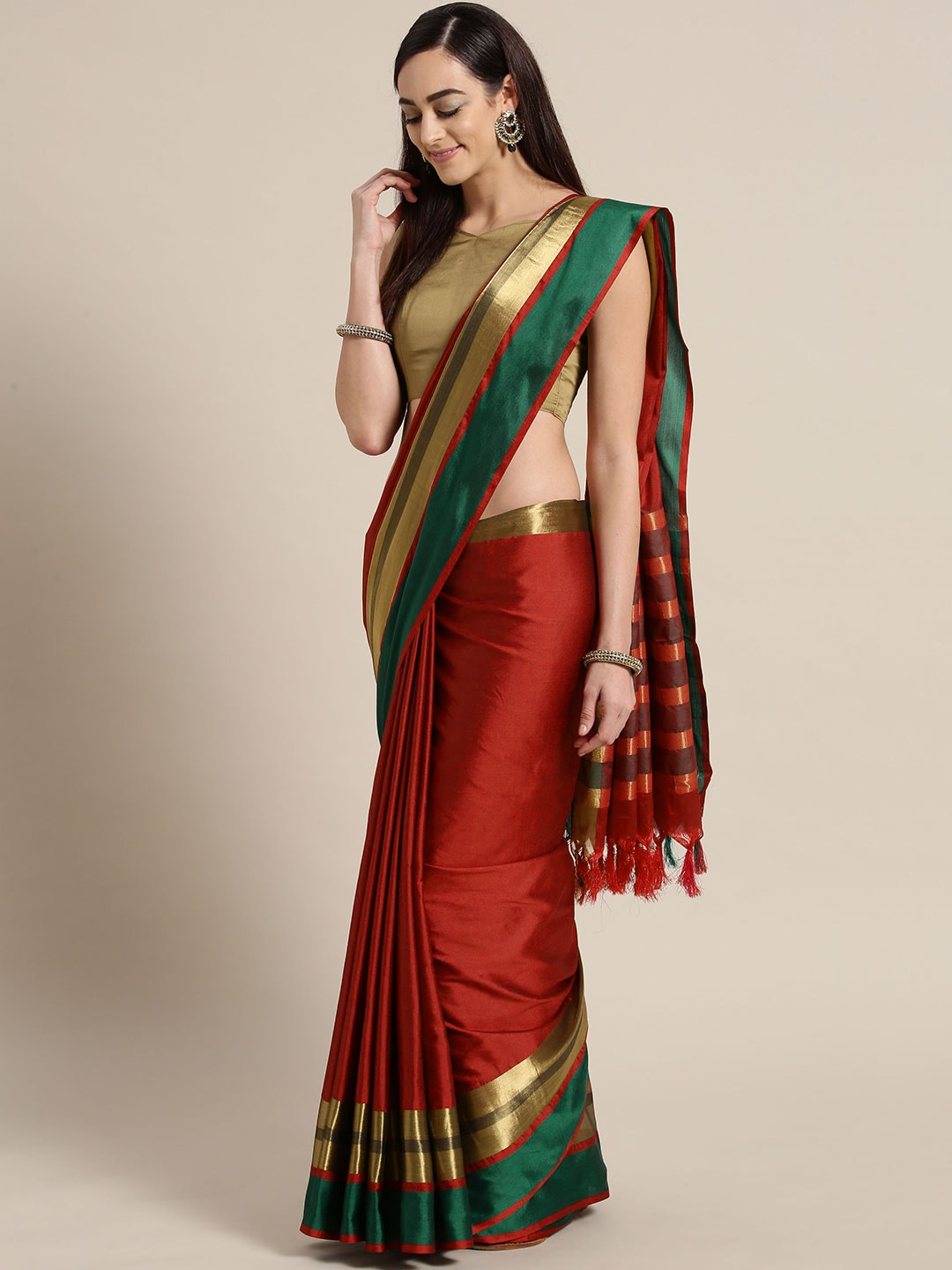 Saree Mall Red & Green Solid Saree - Distacart