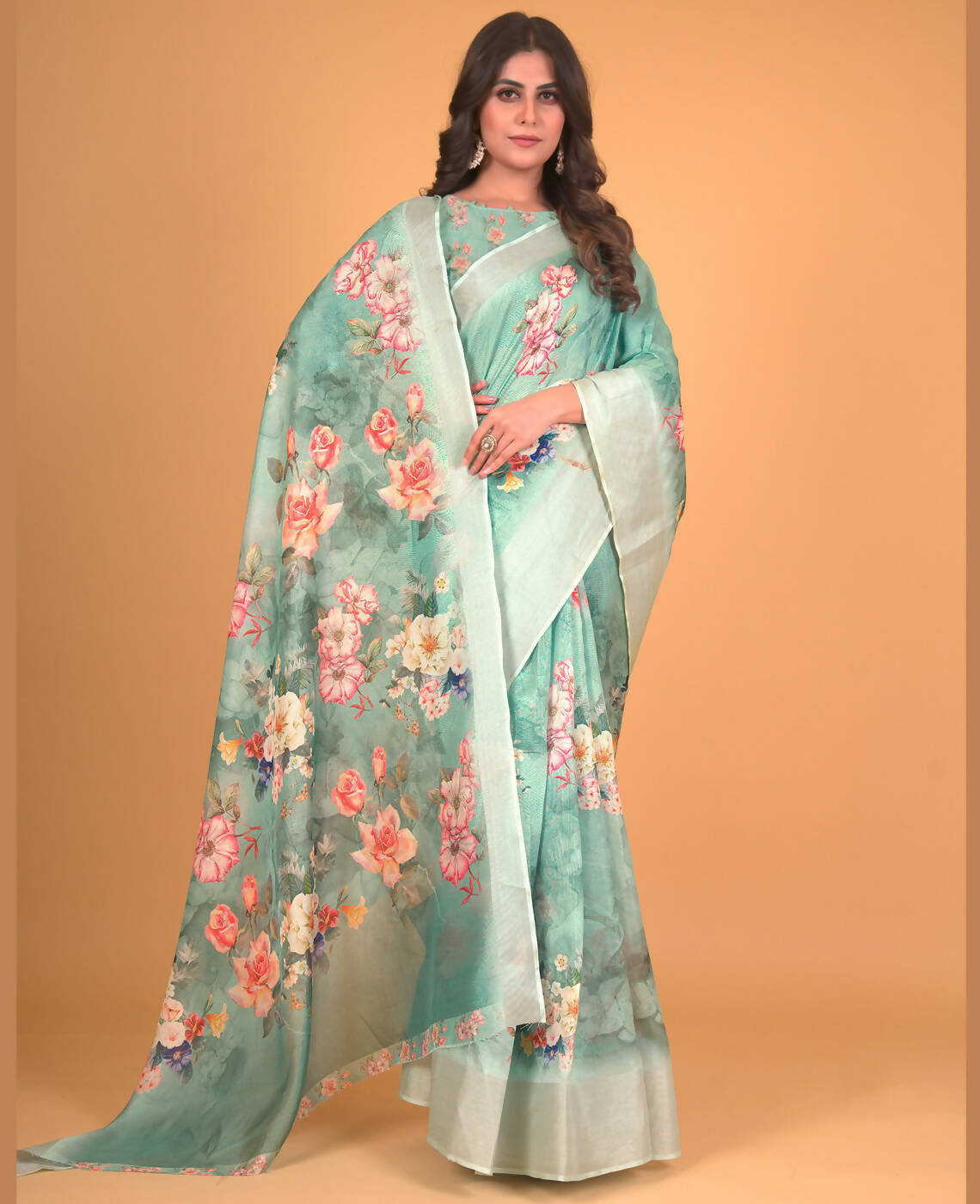 Sea Green Cotton Silk Floral Printed Saree With Unstitched Blouse Piece - Akshita - Distacart