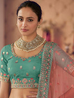 Thumbnail for Myra Turquoise Organza Embroidered Designer Lehenga - Distacart