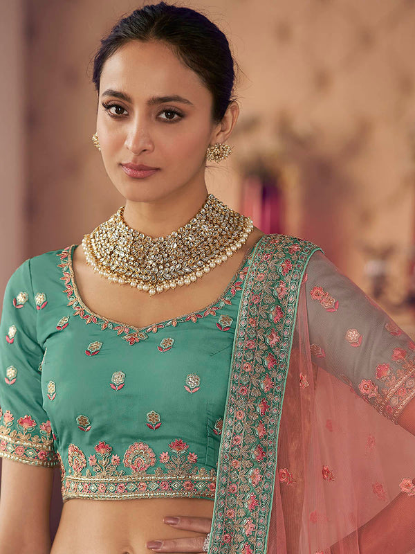Myra Turquoise Organza Embroidered Designer Lehenga - Distacart