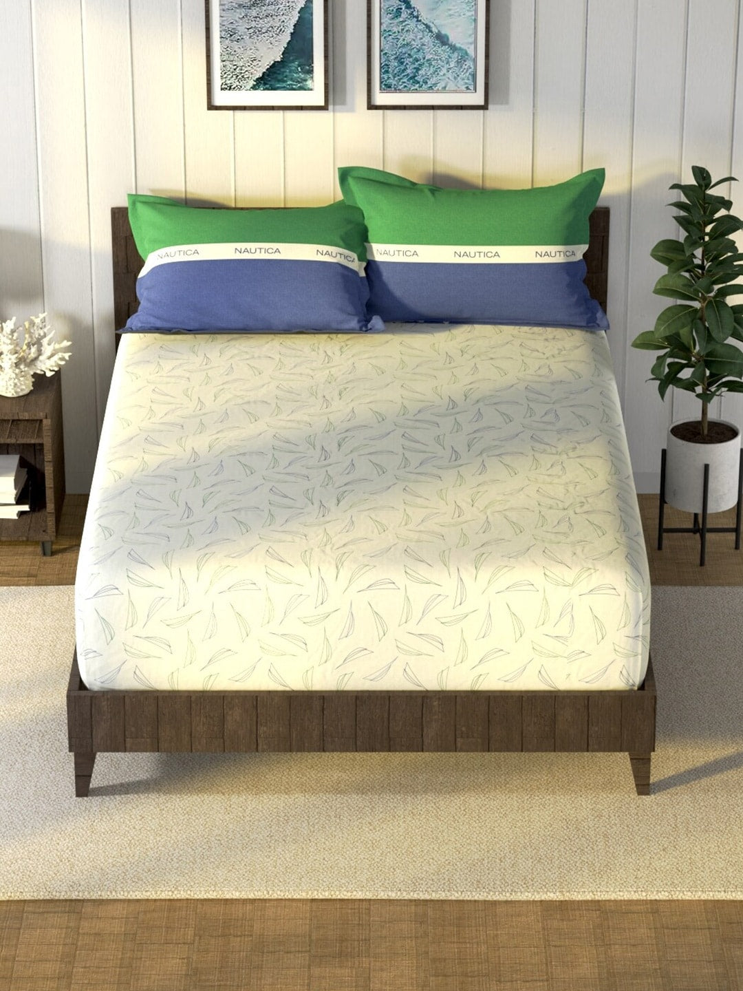 Nautica Noridge Green & Blue Floral Cotton 160 TC King Bedsheet With 2 Pillow Covers - Distacart