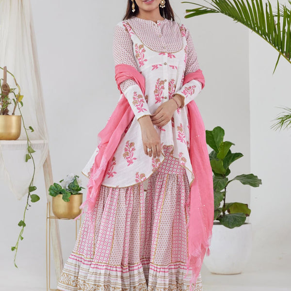 HERE&NOW Women White Floral Printed Kurta with Sharara With Dupatta - Distacart