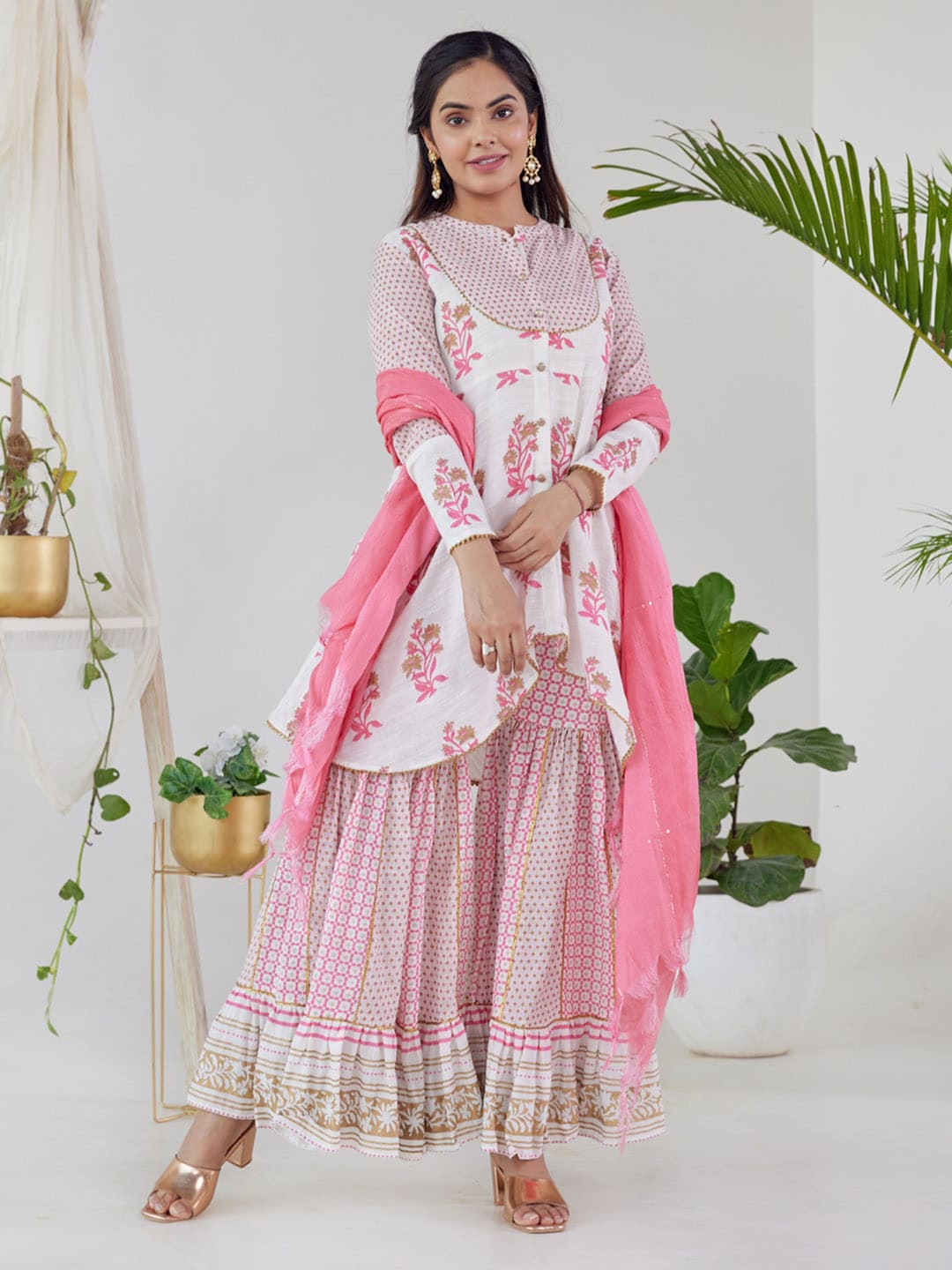 HERE&NOW Women White Floral Printed Kurta with Sharara With Dupatta - Distacart