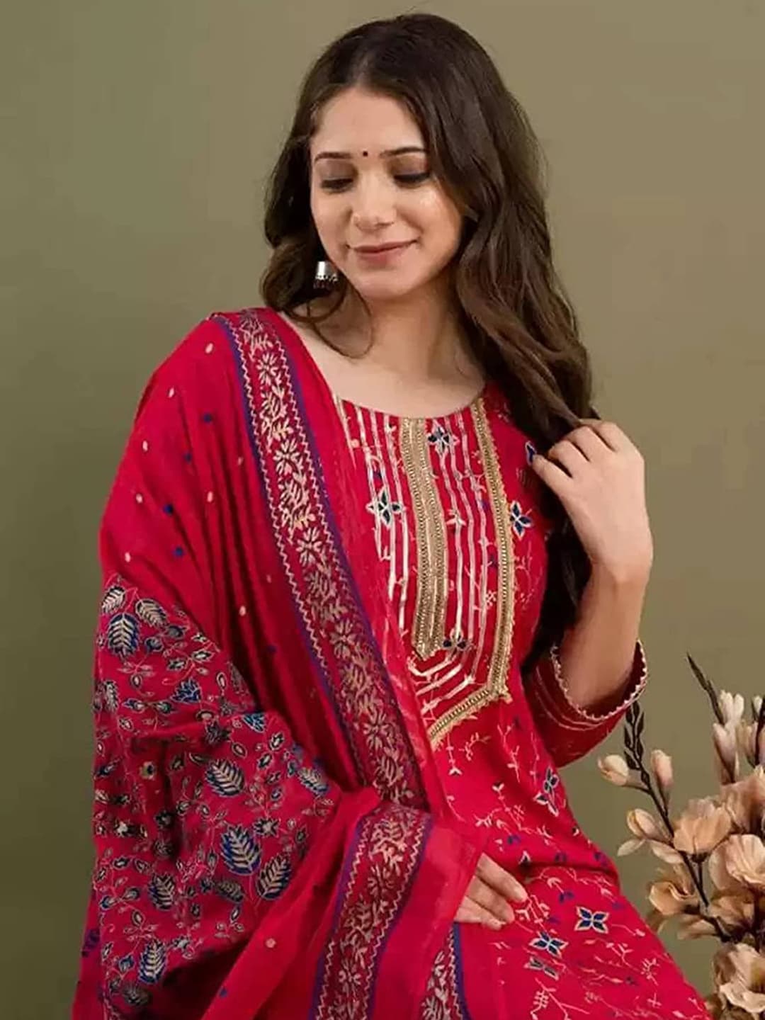 Kalini Floral Printed Gotta Patti Anarkali Kurta With Palazzos & Dupatta - Distacart