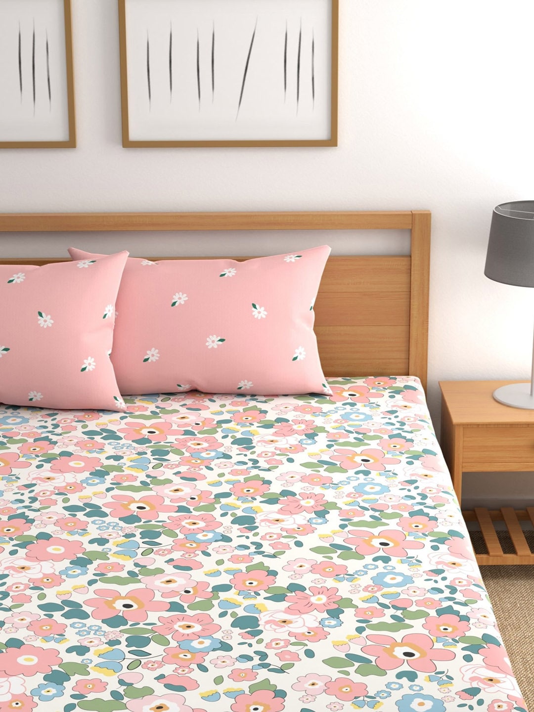 CHHAVI INDIA Pink & Blue Floral 210 TC Bedsheet with Pillow Covers - Distacart