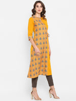 Thumbnail for Janasya Mustard Yellow & Blue Printed A-Line Kurta - Distacart