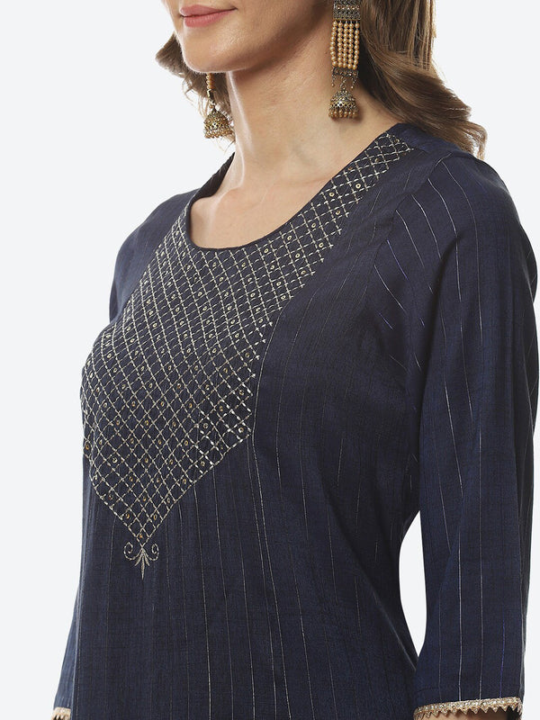Biba Women Navy Blue Printed Kurta with Trousers - Distacart