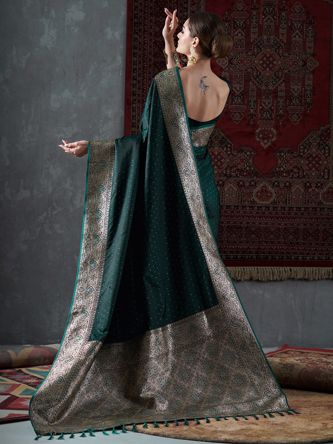 Mitera Green & Gold-Toned Ethnic Motifs Woven Design Zari Satin Banarasi Saree - Distacart