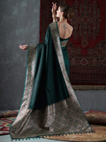 Thumbnail for Mitera Green & Gold-Toned Ethnic Motifs Woven Design Zari Satin Banarasi Saree - Distacart