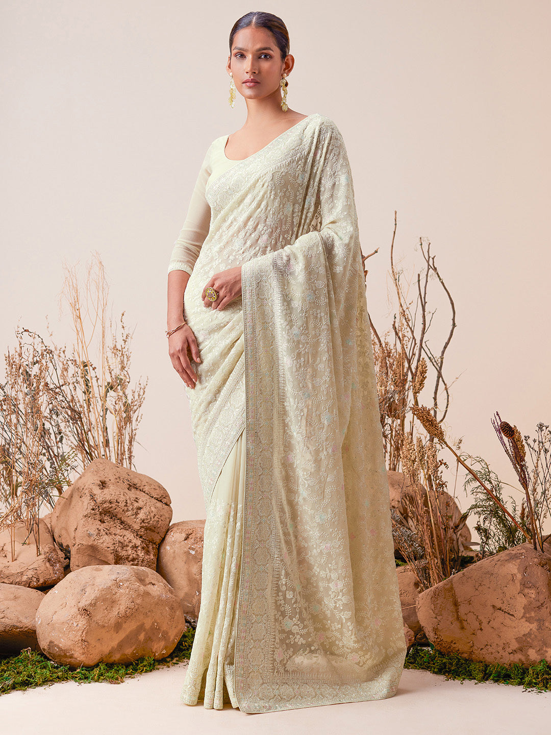 Soch Green Floral Embroidered Beads and Stones Detailed Saree - Distacart