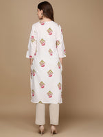 Thumbnail for HERE&NOW White & Pink Floral Printed Pure Cotton Kurta - Distacart