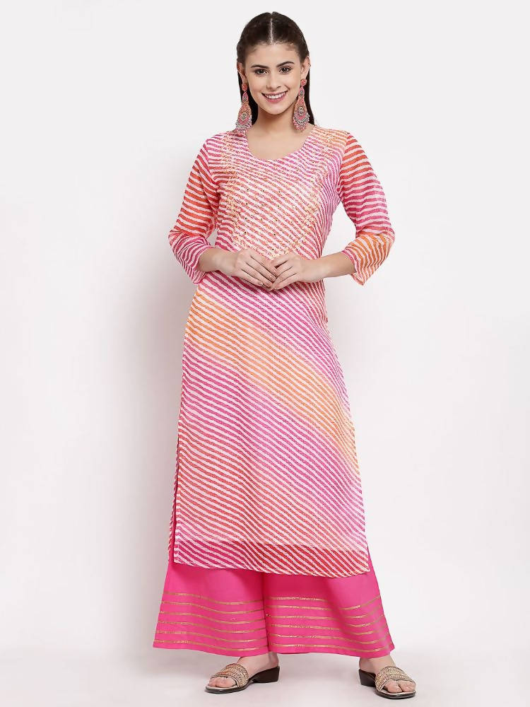 Myshka Women's Trendy Multi Cotton Printed 3/4 Sleeve Round Neck Casual Kurta