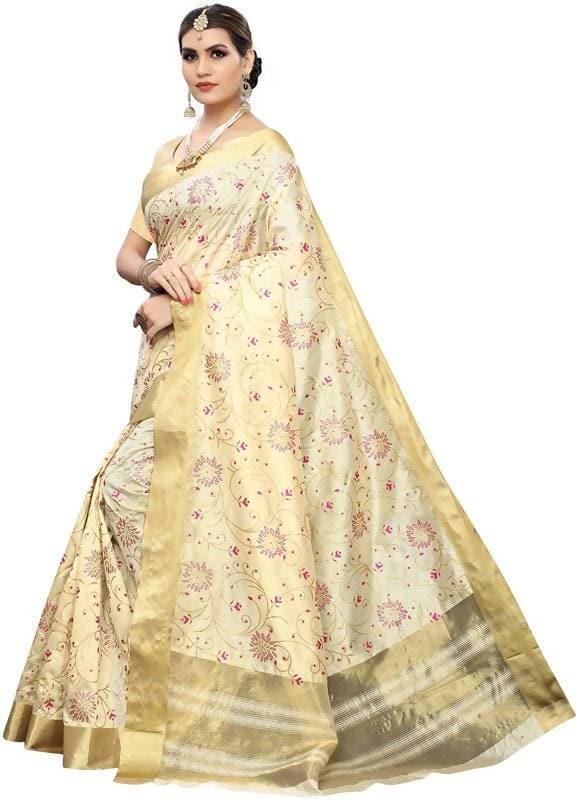 Vamika Weaving Cream Cotton Polyester Silk Saree (Kerala Floral)