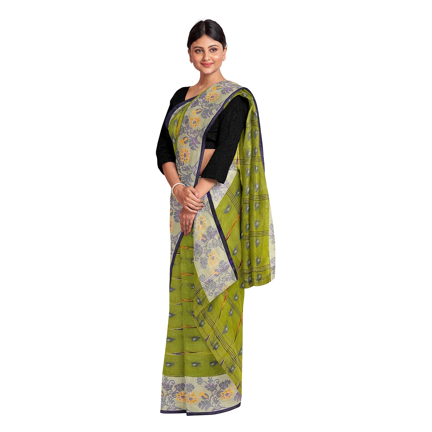 Exclusive Collection 100% Pure Cotton Olive Tant Saree With Hand Weaving Work - Distacart