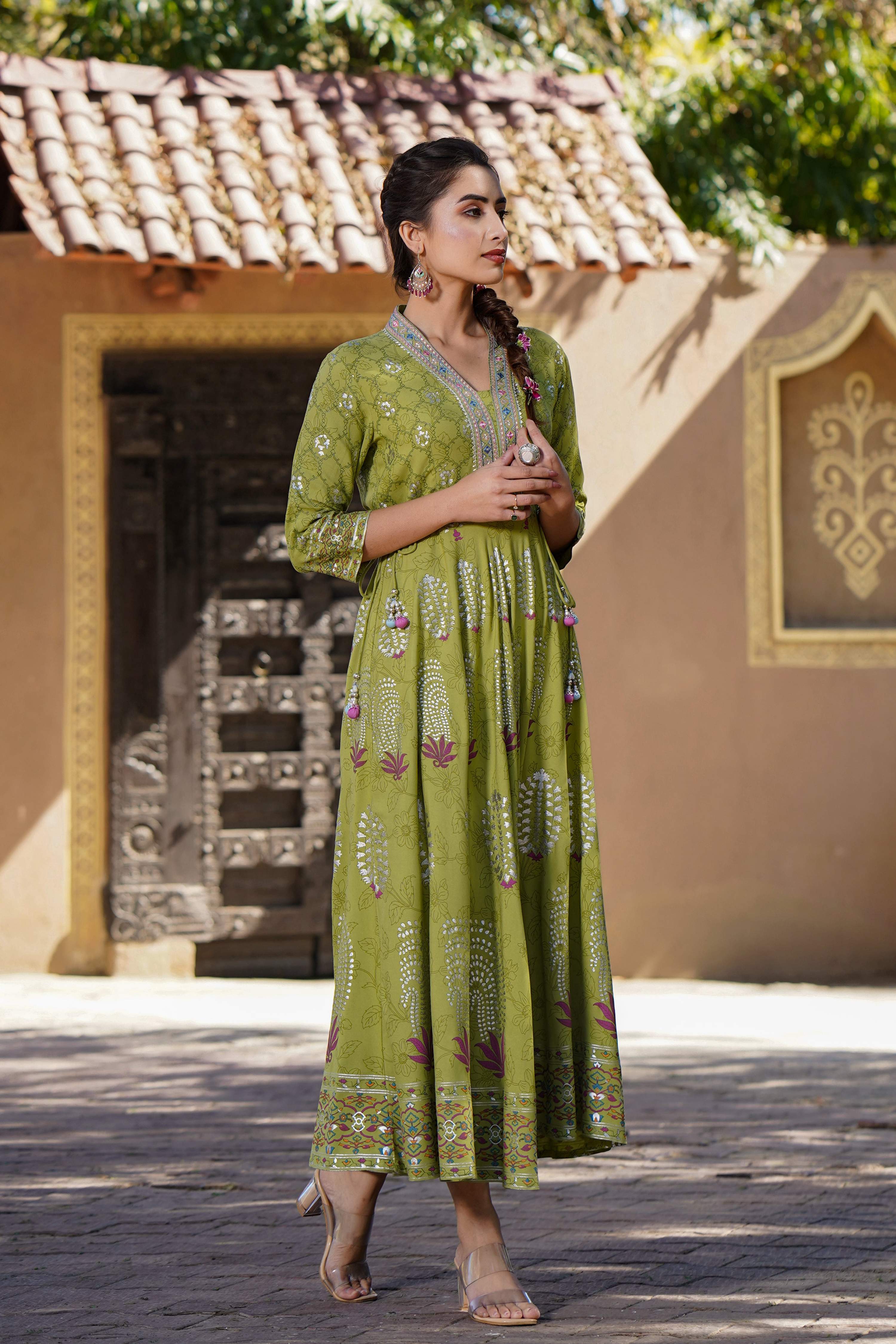 Juniper Womens Green Rayon Foil Printed Circular Maxi Dress With Mirror Embroidery - Distacart