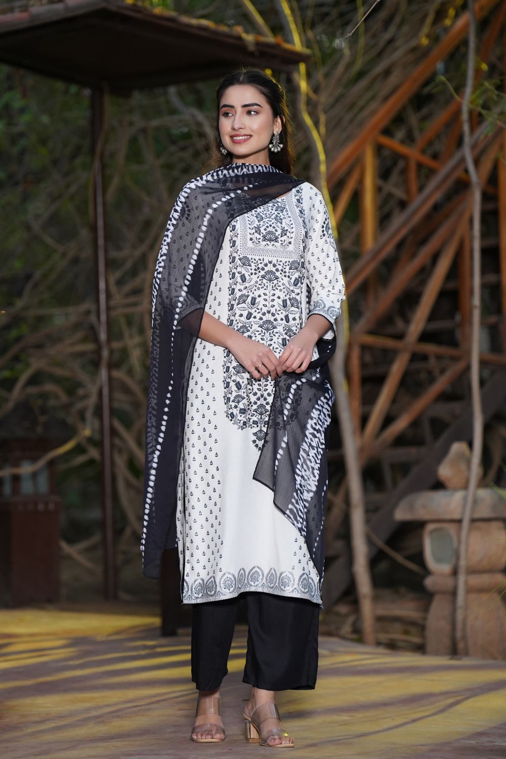 Juniper Womens White Rayon Floral Glitter Placement Printed Straight Kurta With Solid Bottom And Printed Dupatta Set - Distacart