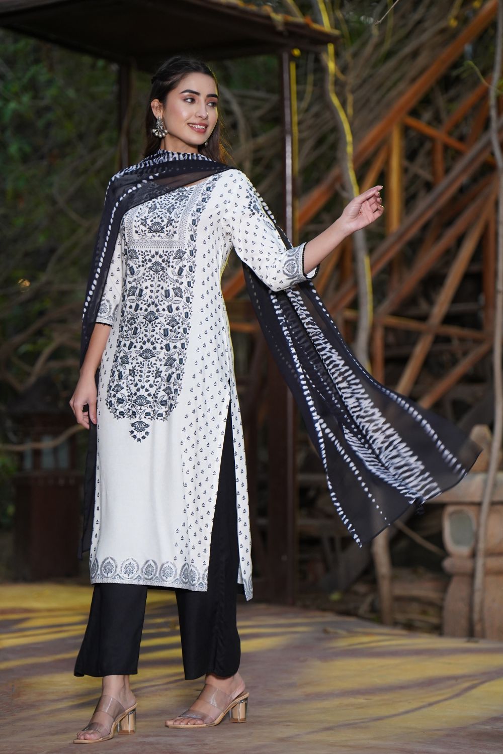 Juniper Womens White Rayon Floral Glitter Placement Printed Straight Kurta With Solid Bottom And Printed Dupatta Set - Distacart