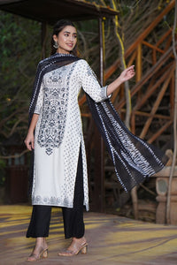 Thumbnail for Juniper Womens White Rayon Floral Glitter Placement Printed Straight Kurta With Solid Bottom And Printed Dupatta Set - Distacart