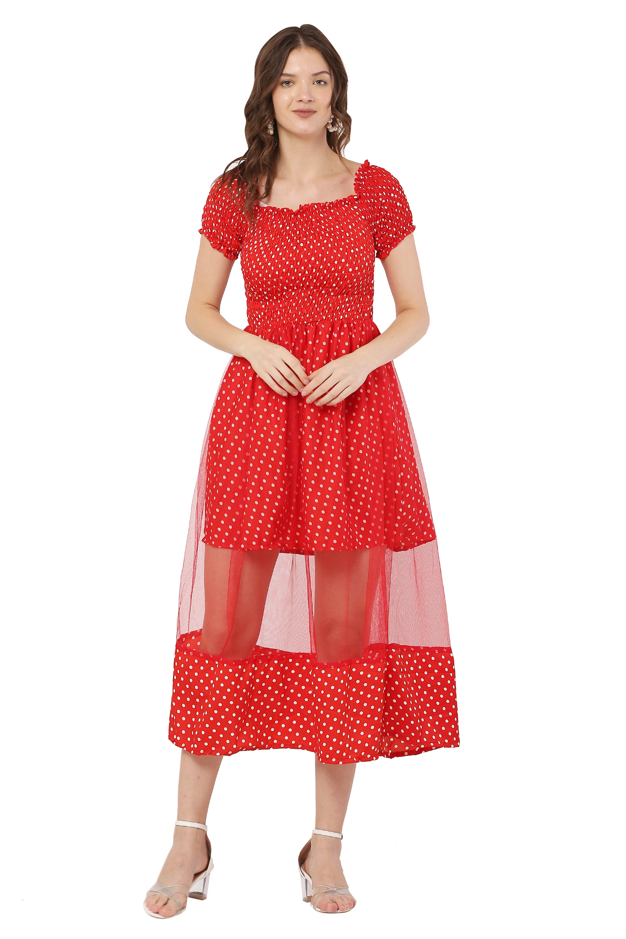 PAVONINE Red Color Polka Dot Net Kansai Dress For Women - Distacart