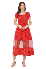 Thumbnail for PAVONINE Red Color Polka Dot Net Kansai Dress For Women - Distacart