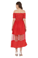 Thumbnail for PAVONINE Red Color Polka Dot Net Kansai Dress For Women - Distacart