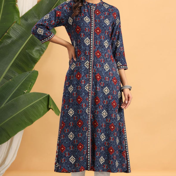 Juniper Womens Indigo Rayon Printed A-Line Kurta - Distacart