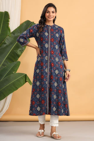 Juniper Womens Indigo Rayon Printed A-Line Kurta - Distacart