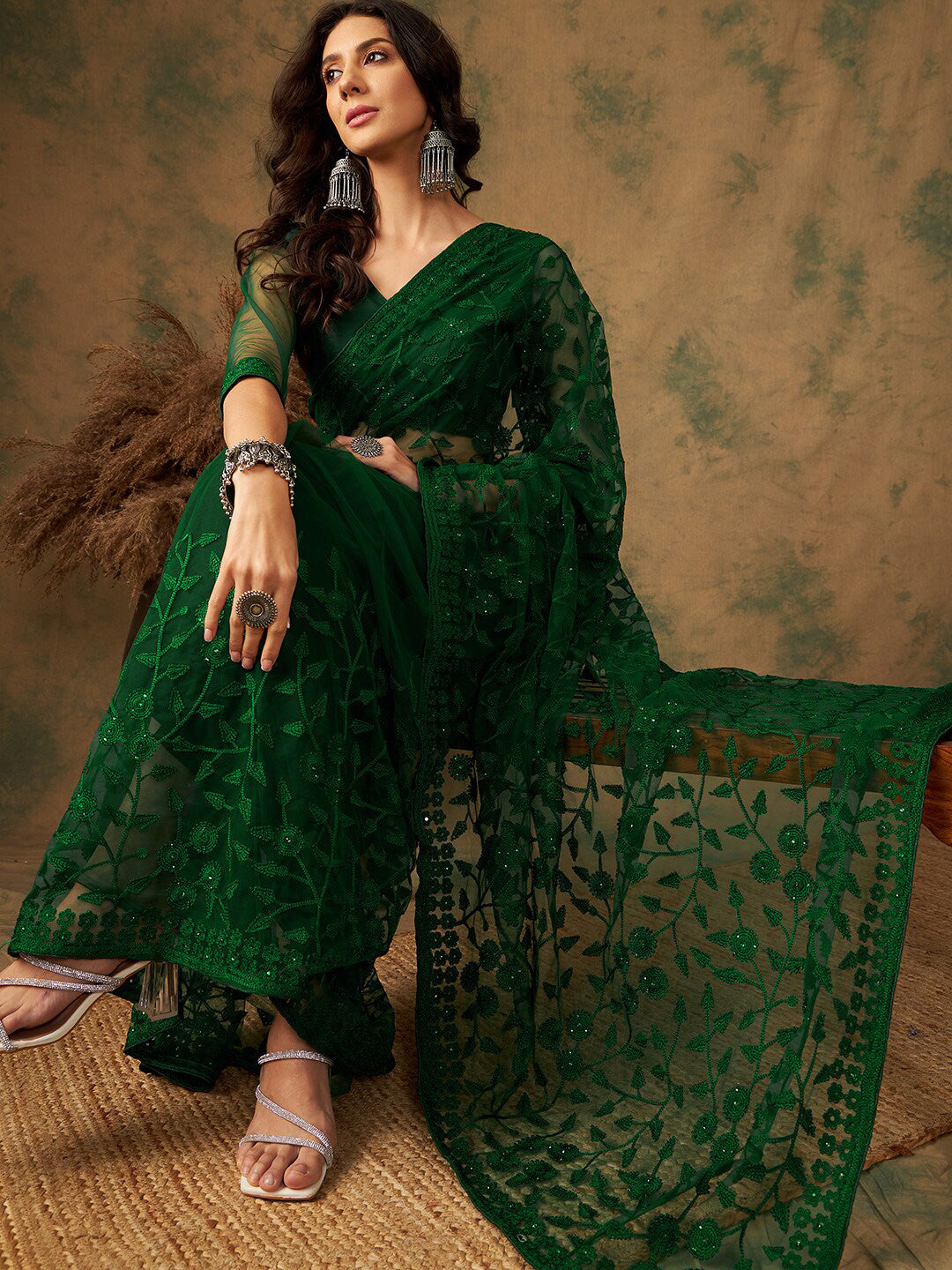 Sangria Floral Embroidered Net Sarees - Distacart