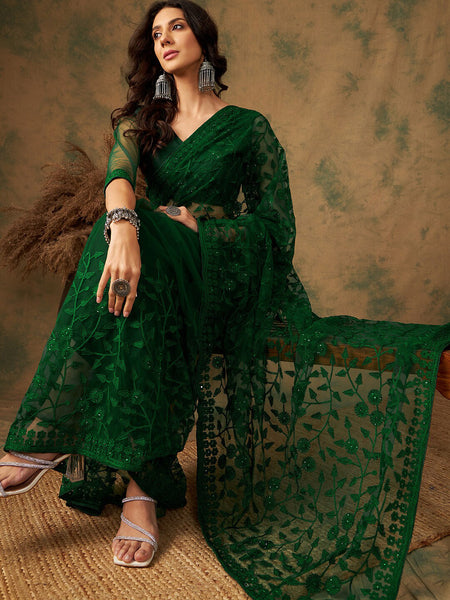 Sangria Floral Embroidered Net Sarees - Distacart