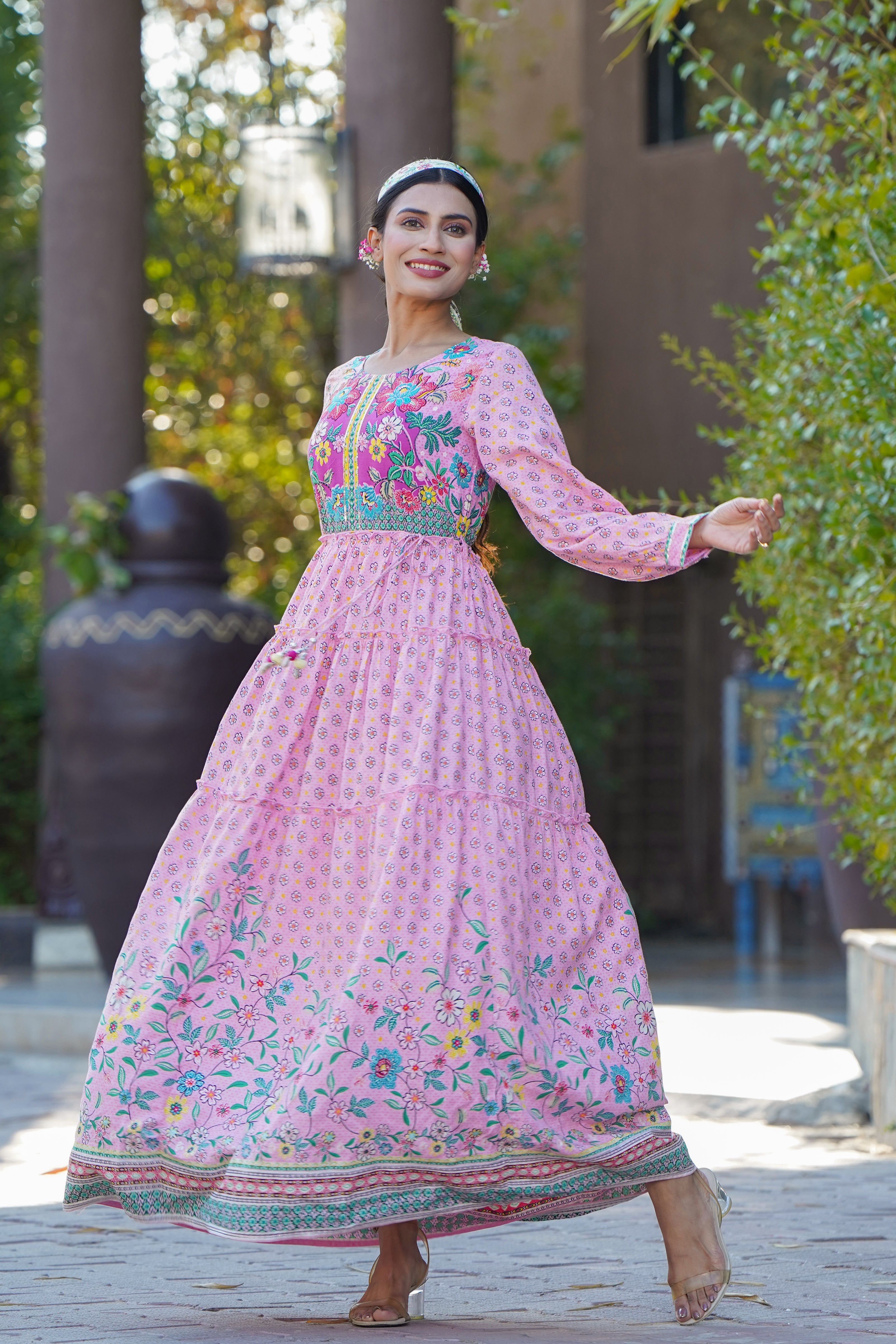 Juniper Womens Pink Cambric Floral Printed Tiered Maxi Dress - Distacart