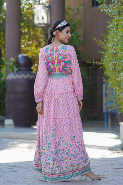 Juniper Womens Pink Cambric Floral Printed Tiered Maxi Dress - Distacart