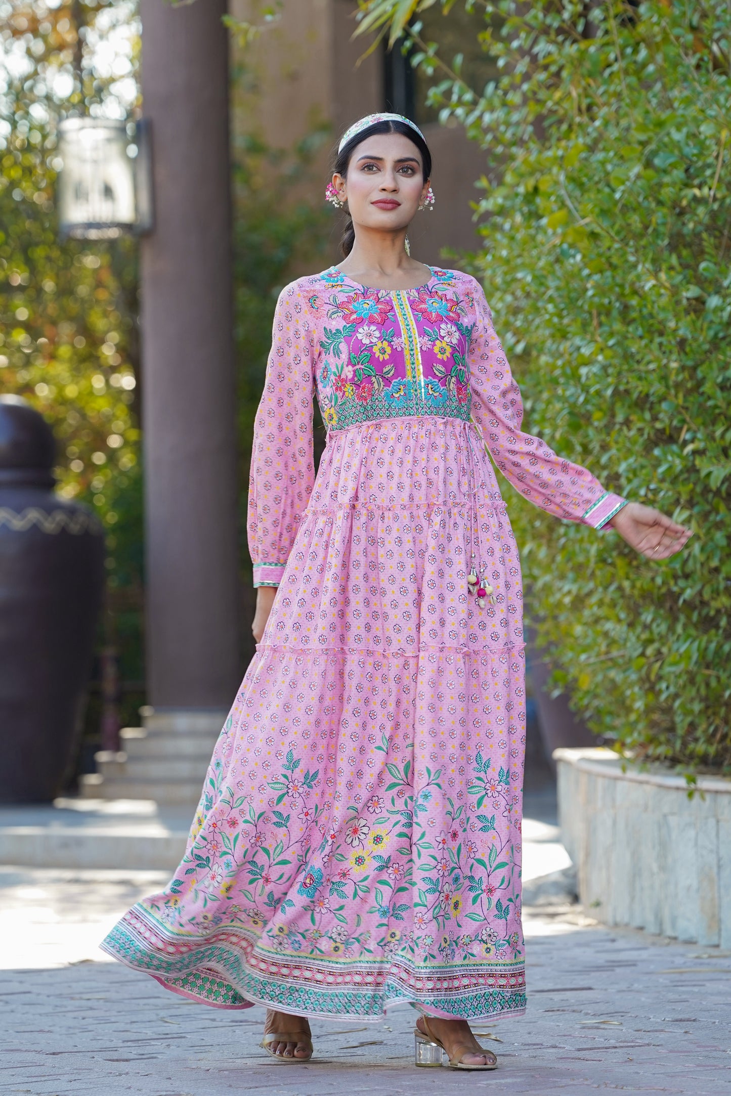 Juniper Womens Pink Cambric Floral Printed Tiered Maxi Dress - Distacart